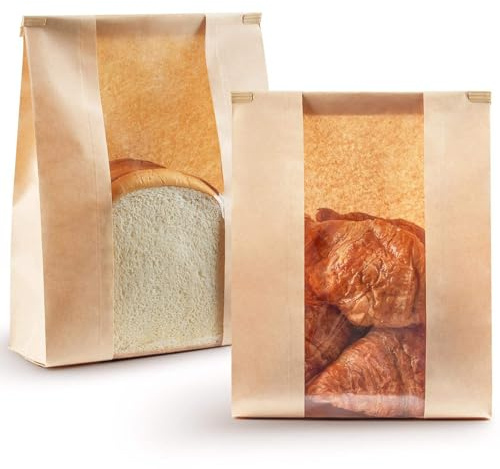 30 bolsas de pan de papel kraft para pan casero con cierre de pestaña de estaño de 13.7 x 8.2 x 3.5 pulgadas, bolsas de pan de masa madre con ventana, bolsas de almacenamiento de embalaje horneado
