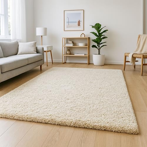 HMWD Light Beige Shaggy Area Rug – 160x230 cm Soft Fluffy Carpet, 5cm Thick Deep Pile for Living Room, Bedroom & Hallway – Anti-Shed Modern Home Decor Floor Mat