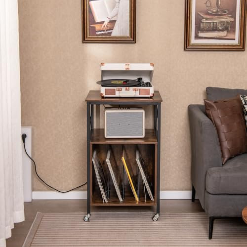 KOMFOTTEU Soporte para Tocadiscos con Estación de Carga, Mesa Auxiliar para Discos de Vinilo con Divisores Extraíbles, Armario de Almacenamiento con Marco de Metal, para Estudio, Oficina