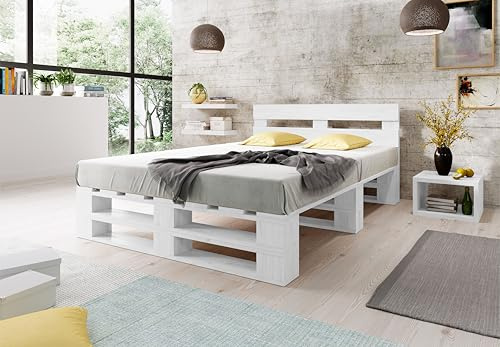 Lermowood Palettenbett M2 aus Holz 180 x 200 cm Weiß mit Kopfteil Holzbett 40cm Stabiles Seniorenbett Kinderbett Jugendbett Gästebett erhöhtes Einzelbett Bettgestell Futonbett Komforthöhe Naturholz
