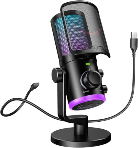 FIFINE AM6 AMPLIGAME - Microfono da gioco RGB, bilanciamento audio per giochi/chat, trasmissione USB e microfono di registrazione, microfono da scrivania per PC con cancellazione del rumore, per