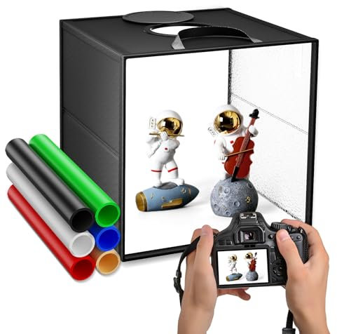 Boîte Studio Photo 30x30x30cm, Pliable Portable Studio Photo, 3 Niveaux de Réglage des Couleurs Boîte à Lumière pour Studio Photo avec 6 Panneaux de Fond Colorés