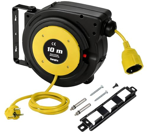 EnergyPro Avvolgicavo 15 m + 2 m, 2300 W, cavo di prolunga montato a parete, avvolgimento automatico, rotazione di 180°, rilevamento TÜV, materiale di installazione incluso giallo