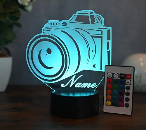 Optechvisual Personalisierte Kamera LED Lampe – Geschenk für Fotografen & Fotografie-Begeisterte – 3D Kamera Deko mit Gravur – LED Nachtlicht – Kamera Geschenk mit Namen