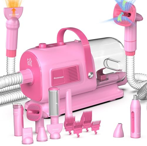 geoorood Dog Grooming Kit with Vacuum Cleaner and Dryer 7 in 1 with Dog Hair Trimmer Pink