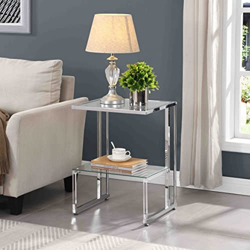 Beistelltisch in C-Form aus Acryl mit Tischplatte aus gehärtetem Glas, 2-lagig, modernes Design, silberfarbenes Chrom-Finish, 60,5 cm Höhe, ideal für Wohnzimmer
