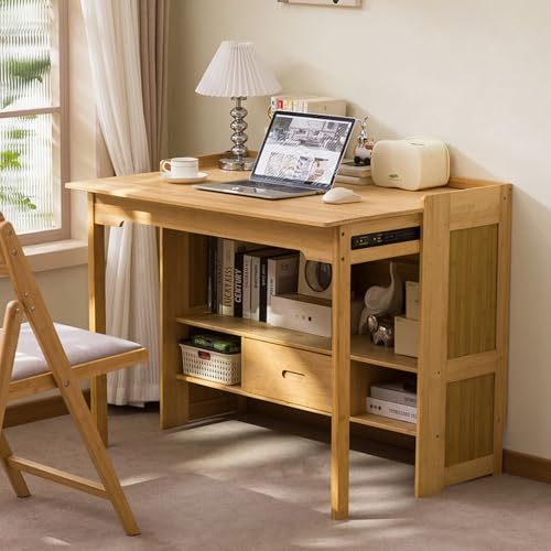XIMSPHY Bamboo Folding Desk with Bookshelf & Drawer, Small Foldable Computer Table, Wooden Space Saving Desks for Home Bedroom Study Office (Natural, 30.3″x27″x30.3″)