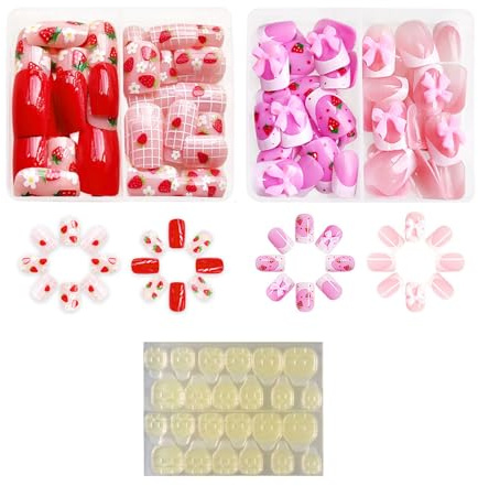 96 Stück Fingernägel zum Aufkleben Teenager, Niedliche Schleifchen und Erdbeer Falsche Nägel, Nägel zum Aufkleben Mit Gelfolien, Nageldesign Für Teenager, Party, Hochzeit, Mädchen (Rosa)
