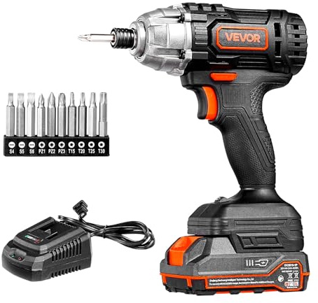 VEVOR - driver de impacto de 1/4 pulgadas, velocidad máxima de 2800 rpm, motor potente de 20 V, kit de driver de impacto inalámbrico eléctrico con batería y cargador, 10 bits, luz de trabajo LED, para