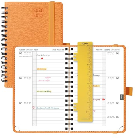 POPRUN Agenda 2026 2027 Dagsplanerare 15,5x10,5cm, från Aug'26 - Dec'27, 17 Månader Skolkalender, Hårt Omslag med Spiralbindning, Papper 80 gsm,Orange
