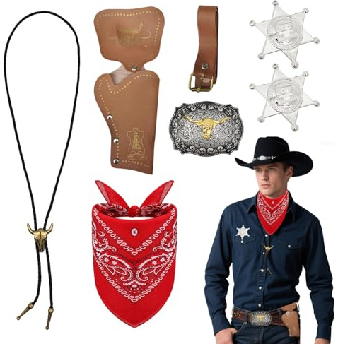 SAIIURV 7 Stück Cowboy Fancy Dress Zubehör Set für Herren, Cowboy Outfit Kit mit Paisley Bandana Holster Gürtel Boloschnalle Krawatte Halskette Sheriff Abzeichen für Karneval Fancing Cosplay