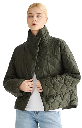 Orolay Women's Oversized Quilted Cropped Puffer Jacket, Green, M | Short quilted jacket for women,roomy relaxed silhouette,raglan sleeves,spring and fall layering