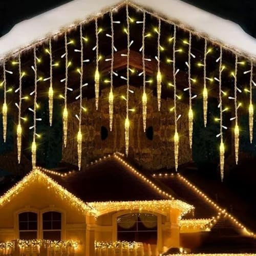 Outdoor LED Icicle Lights for Christmas, 4M Solar Eiszapfen Licht Weihnachtsdeko, 8 Modi LED Eiszapfen Weihnachtsbeleuchtung, Wasserdicht Eisregen Lichterkette für Weihnachten Innen Außen (Solar-Warm)