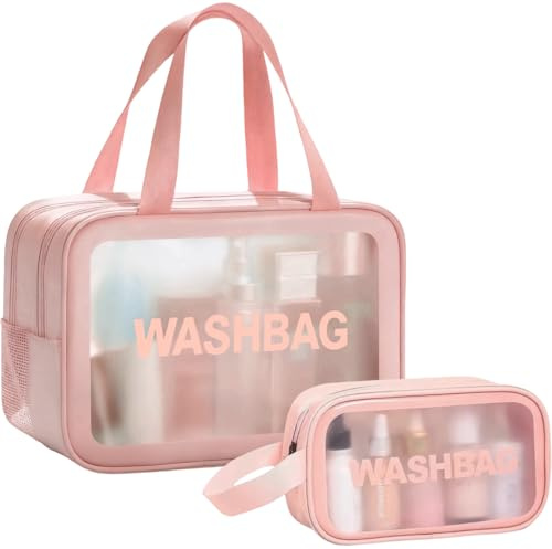 2 PCS Clear Toiletry Bag, Wet Dry Separation Wash Bag, Clear Ttravel Toiletries Bag, Waterproof Large Capacity Shower Bag, PU Makeup Bag with Handles for Women Girls