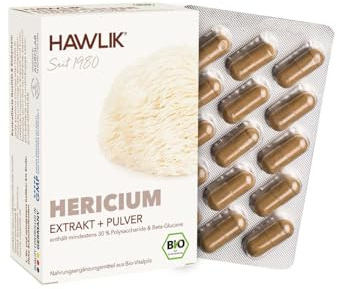 HAWLIK Vitalpilze Bio Hericium Extrakt + Pulver Kapseln - 60 Kapseln im Blister - Mit Vitamin C - Natürlicher Anbau - Vegan
