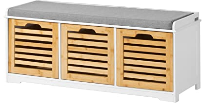 SoBuy Schuhbank Sitzbank mit Stauraum – Schuhregal mit 3Körben, Sitztruhe mit Sitzkissen – Flurbank Kommode für Eingangsbereich – Belastbar bis 120kg, 105x43x35cm – FSR23-WN
