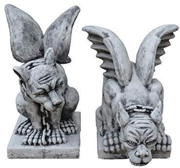 gartendekoparadies.de Gargoyle Torwächer Steinfiguren Set, 48/40 cm Höhe, Grau, Frostsicher aus Steinguss/Weißbeton für Außenbereich, 33/40 kg