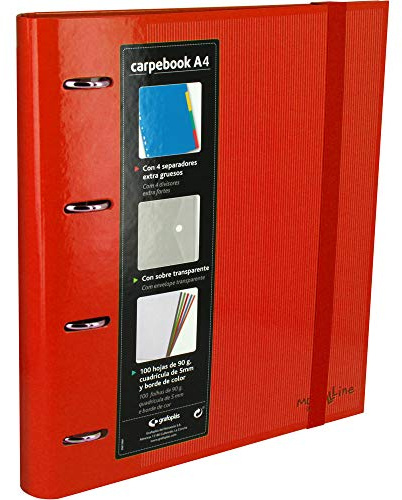 Grafoplas 88102051 Ringbuch mit 4 Ringen, A4, mit transparentem Umschlag, 4 Trennblättern und 100 Blatt, rot, 4 Ringen 35 mm, Gummiverschluss. Multiline Carpebook