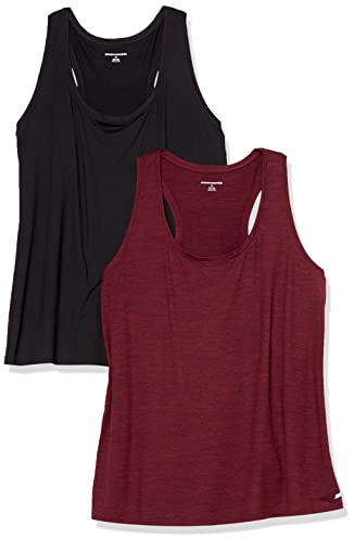 Amazon Essentials Damen Schnelltrocknendes Sport-Tanktop aus Tech Stretch mit Ringerrücken und U-Ausschnitt, 2er-Pack, Burgunderrot Space-dye/Schwarz, XL