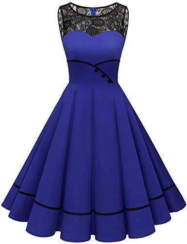 Bbonlinedress Abito da Cocktail da Donna Abito in Pizzo Rockabilly Gonna a Pieghe Vintage retrò Anni '50 Elegante Scollo Tondo Senza Maniche RoyalBlue S