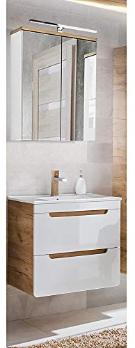 Lomadox Badezimmer Waschplatz Set in Hochglanz weiß mit Wotan Eiche Nb., 61 cm Keramik-Waschtisch mit Unterschrank & LED-Spiegelschrank