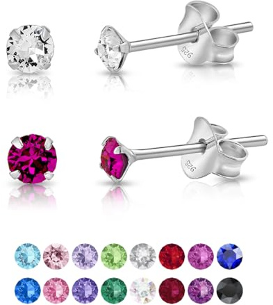 DTPsilver - 2 Paar WINZIGE Ohrringe 925 Sterling Silber mit Kristallen von Swarovski® Elements Runde Sehr KLEINE Ohrstecker - Durchmesser 3 mm - Farbe : klare Kristalle + Fuchsie