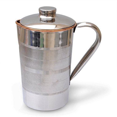 Pichet à eau en cuivre pur avec imprimé floral - Ustensiles en acier inoxydable à l'intérieur pour la guérison ayurvéda - 1,5 l (Design 1)