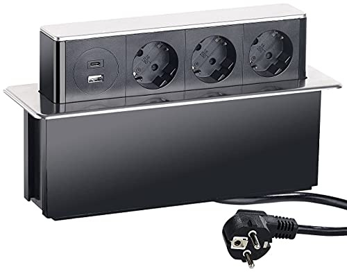 revolt USB Hub versenkbar: Versenkbare 3-Fach Einbau-Tischsteckdose, USB-C, PD & QC 3.0, Silber (Steckdosenleiste versenkbar, Versenkbare Steckdose mit c, Tablet)
