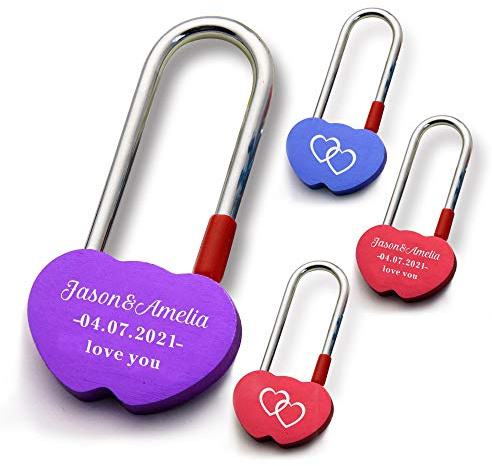 Personalised Love Lock for Her Engraved Padlock for Him Girls Couples Lover Custom Gift for Birthday Trip Travel Anniversary Wedding Valentines Day in Double Heart Shape (Purple)