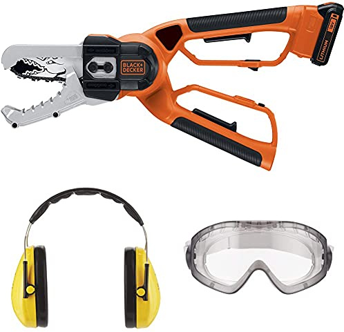 Black+Decker 18V Akku-Astschere Alligator GKC1000L, inkl. 3M™ Schutzbrille für Werkzeugmaschinen 2890S, transparent und 3M™ Peltor™ Optime™ Komfort-Kapselgehörschutz H510A (87 bis 98 dB)