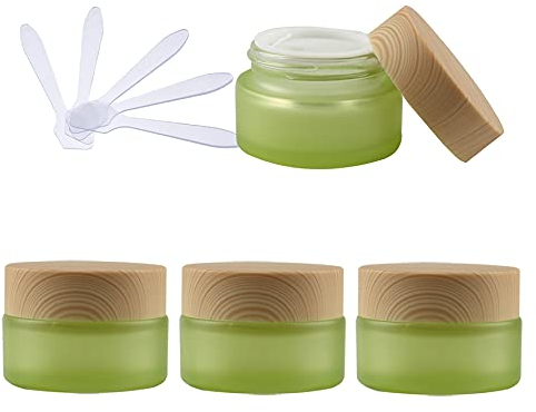TIANZD 4 Pieces 20ml Empty Green Glass Cosmetic Jars with Screw Lid, 20g Small Containers Storage Pot for Cosmetic Travel Homemade Cream Gel Lip Balm Salve + 4x Spatula