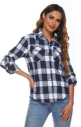 Ietaoo Chemisiers Femme Chemise à Carreaux Coton Manches Longues Flanelle Chemise Blouse Classique Décontractée Shirt pour Automne Hiver Printemps