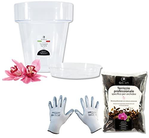 GebEarth - Kit per Rinvasare le Orchidee: Vaso per Orchidee Trasparente, 4 fori di drenaggio e Sottovaso + Terriccio Specifico per Orchidee da 1 lt + Guanti per Giardinaggio【 vaso diametro 14 cm 】