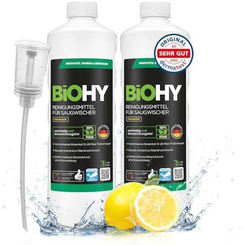 BiOHY Rengöringsmedel för sugmopp med fräsch doft (2 x 1 liter) doserare | 1:200 koncentrat för alla våt- och torrdammsugare | perfekt för kakel, PVC, parkett, laminat och matta | remfri