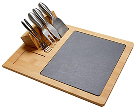 FXNFXLA Juego De Cuchillos Y Tabla De Queso De Pizarra, Tabla De Charcutería De Bambú Y Fuente para Servir Queso, 4 Cuchillos De Acero Inoxidable para Queso, para Hacer Quesos, Aperitivos, Frutas