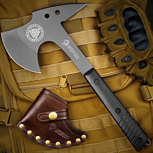 NedFoss Escape Survival Axt, 33CM Full Tang Outdoor Axt mit G10 Griff & Lederscheide, Exquisite Bushcraft Axt in Geschenk-Box, Wikinger Axt für den Alltag, Camping, Sammlung