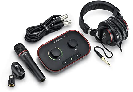 Focusrite Vocaster One Studio — Podcasting Interface Recording as a Solo Creator, Quality DM1 Mic & HP60v Headphones. Use Auto Gain, Enhance, Mute Easy Podcasting, Black