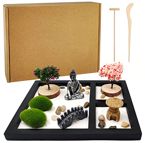 LuXianYS Zen Garden, Mini Giardino, Mini Meditazione Rock And Sand Garden,Ornamento Zen,Giardino Zen Rotondo Fai da Te con Tavola di Sabbia Artigianato Micro Decorazione Paesaggistica