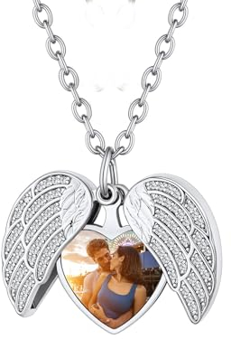 Custom4U Personalisierte Herz Medaillon zum Öffnen für Bilder mit Textgravur Memorial Zirkonia Flügel Medaillon Silber Halskette Foto Engelsflügel Amulett Kette für Weihnachten Geburtstag