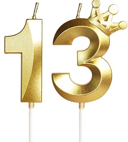 Geburtstagskerze 13 Zahlenkerze 13 mit Krone, 5cm Gold Geburtstagskerzen, Kerzen Geburtstag, Tortendeko Geburtstag, Tortendekoration für Kinder, Erwachsene, 13. Geburtstagsfeier, Jubiläum, Nummer 13