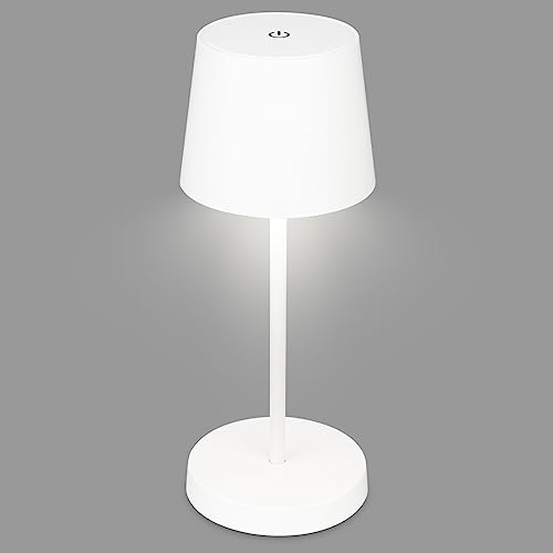 BRILONER - Lampada da tavolo a LED senza fili, lampada da comodino dimmerabile touch, lampada da scrivania, ricaricabile, a batteria, IP44, USB-C, luce bianca calda, 2,6W, 150lm, 105x260mm, bianco
