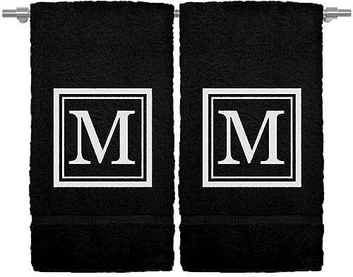Monogrammed Hand Towel, 16 x 30 Inches Set of 2, Personalized Gift- White Letter Embroidered with Square Design on Black Towel - Extra Absorbent - 100% Turkish Cotton - Soft Terry Finish - Initial M