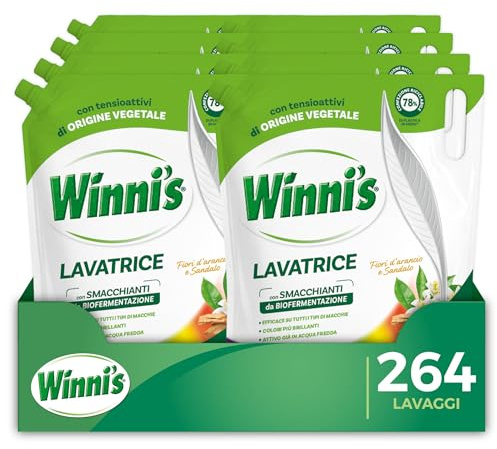 Winni's - Detersivo Lavatrice Ipoallergenico Ecoformato, Capi Colorati, 264 Lavaggi, Fiori d'Arancia e Sandalo, Smacchianti Naturali da Biofermentazione e Materie Prime Vegetali, 1485ml x 8 Confezioni
