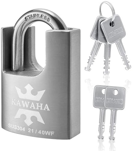 KAWAHA 21/40KD-5SK Hochsicherheits-Vorhängeschloss aus Edelstahl mit Schlüssel für den Innen- und Außenbereich (robust, rostfrei) (40 mm, verschiedene Schlüssel, aus Edelstahl)