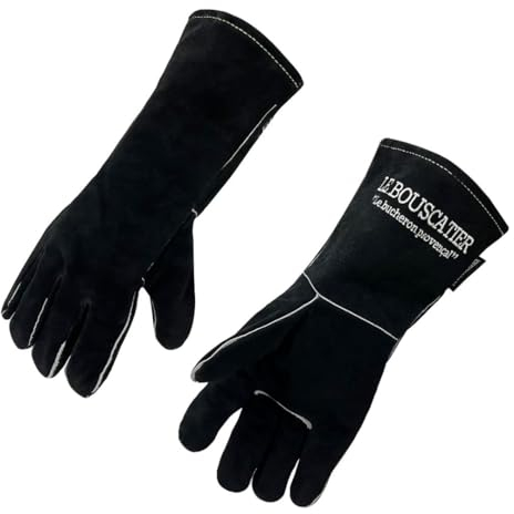 Paire de Gants de sécurité anti chaleur en cuir avec doublage intérieur pour poêle à bois, cheminée, barbecue, brasero et soudage. Résistant et robuste pour le feu, la soudure, le four, la cuisine