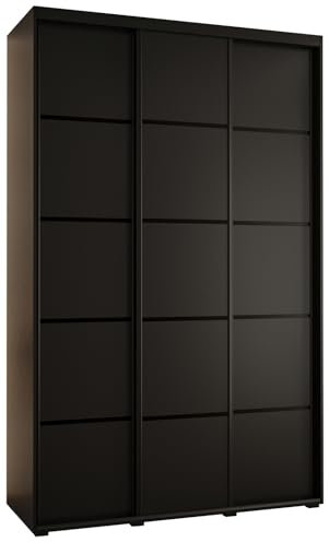 MEBLE KRYSPOL Cannes 4 Moderner Schrank mit 3 Schiebetüren mit Stange, Regale - Aufbewahrungsschrank für Schlafzimmer, Wohnzimmer - 205,2x150x45 cm - Schwarz Schwarz Schwarz