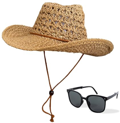 Generic Cowboyhut aus Stroh, breite Krempe, Sonnenhut, Cowgirl, Sommer, Westernhut für Urlaub, Party, Herren und Damen, mit Sonnenbrille, Khaki, Einheitsgr��e