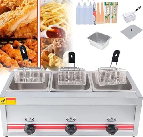 Friteuse à Gaz GPL En Acier Inoxydable Commerciale, Professionnelle Friteuse à Gaz Avec Panier Et Couvercle, Puissance De Feu Réglable Adaptée Au Poulet Frit Et Aux,Triplecylinder10L+10L+10L