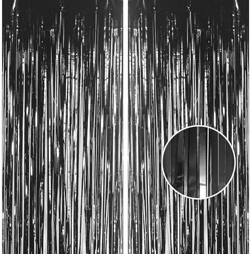 2pcs 3.2 x 8.3ft Glitter Black Tinsel Curtain Foil Curtain Decorations Metallic Tinsel Door Hanging Foil Flow Silk Streamers Photo Backdrop Decoration for Halloween Graduation Newyears Wall Streamers