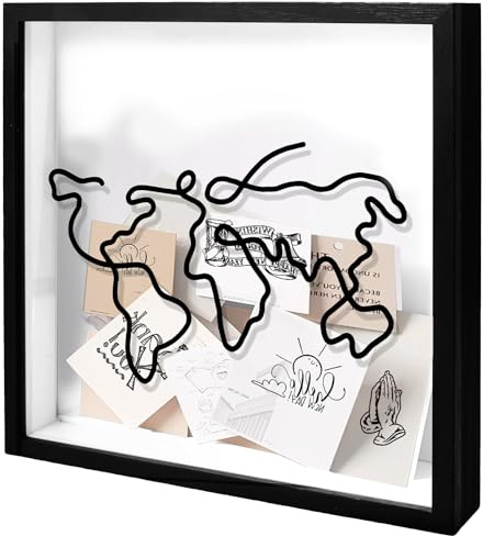 Adventure Archive Box - Caja de recuerdos de viaje de 30,5 x 30,5 cm, con diseño de mapa del mundo, marco de caja de sombra con ranura en la parte superior, soporte para boletos, pantalla de memoria y